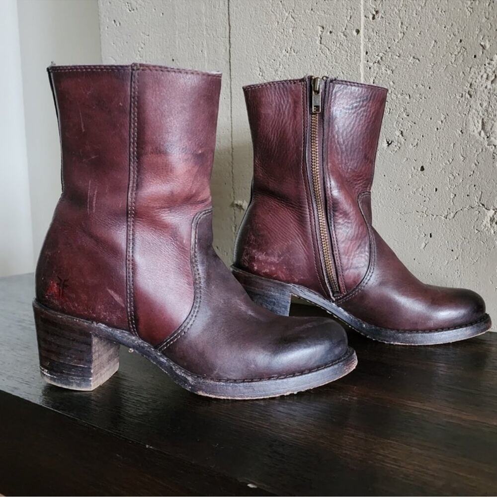 Frye Women's Sabrina mid short zip zipper walnut Leather Boots 8.5 - Picture 10 of 10
